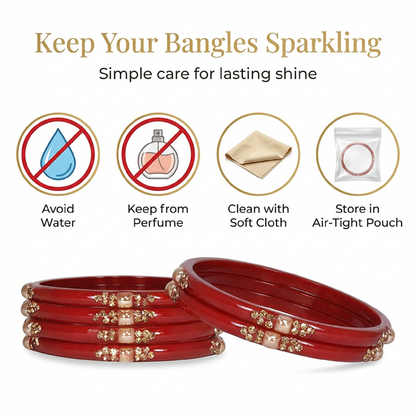 Set of 8 Red Glossy Bangles with Golden Floral Detailing