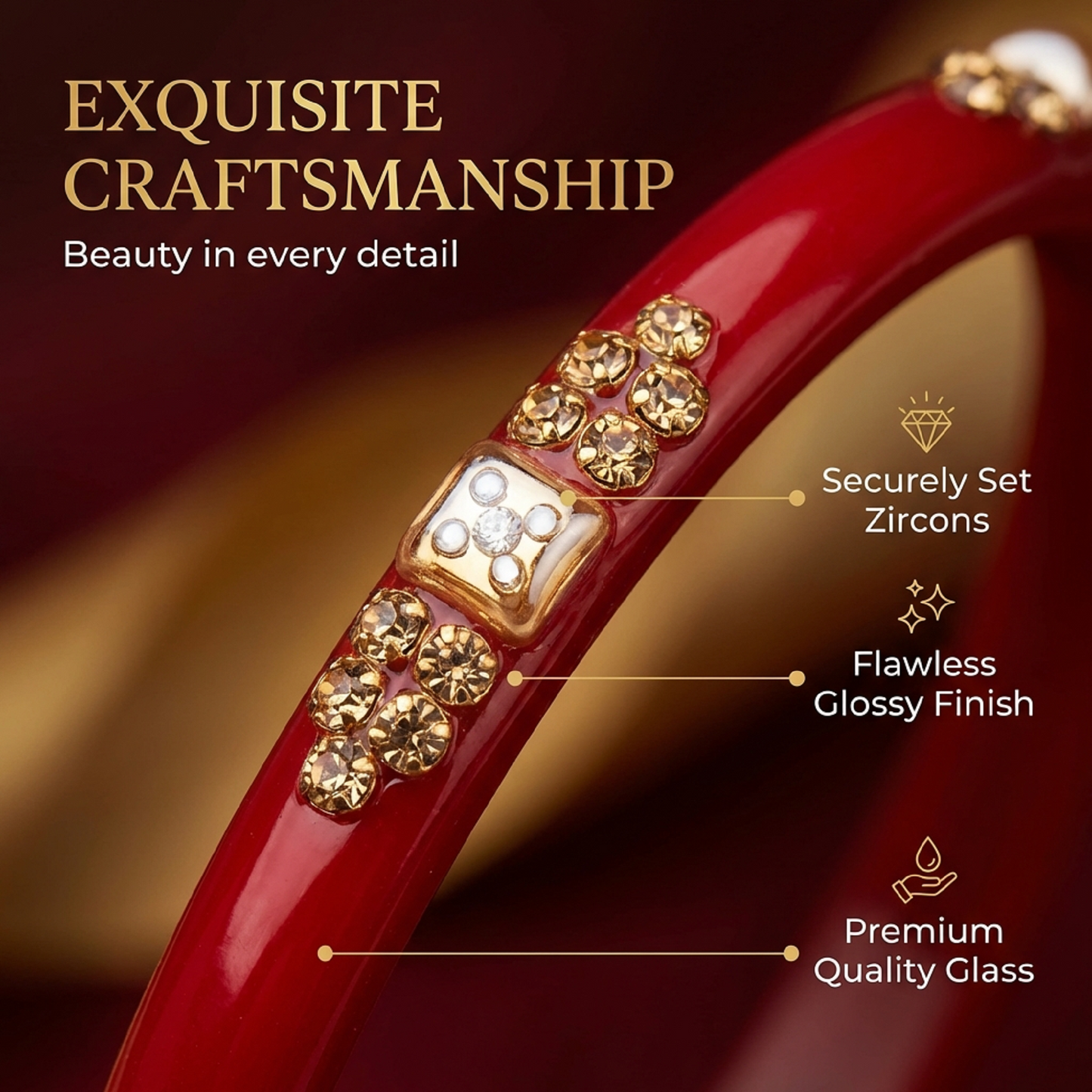 Set of 8 Red Glossy Bangles with Golden Floral Detailing