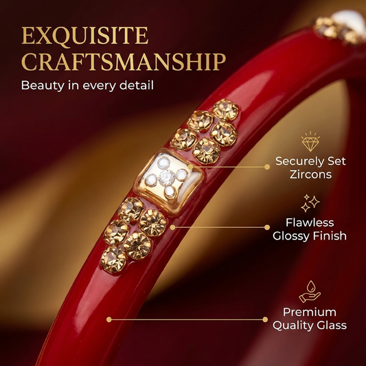 Set of 8 Red Glossy Bangles with Golden Floral Detailing