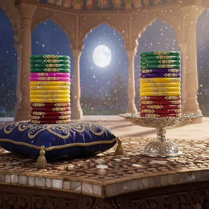 Glass Bangles Set – Pack of 48 | 12 Multicolor Designs with Golden & Stone Work