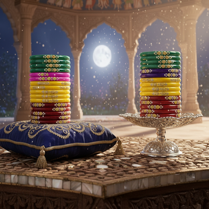 Glass Bangles Set – Pack of 48 | 12 Multicolor Designs with Golden & Stone Work