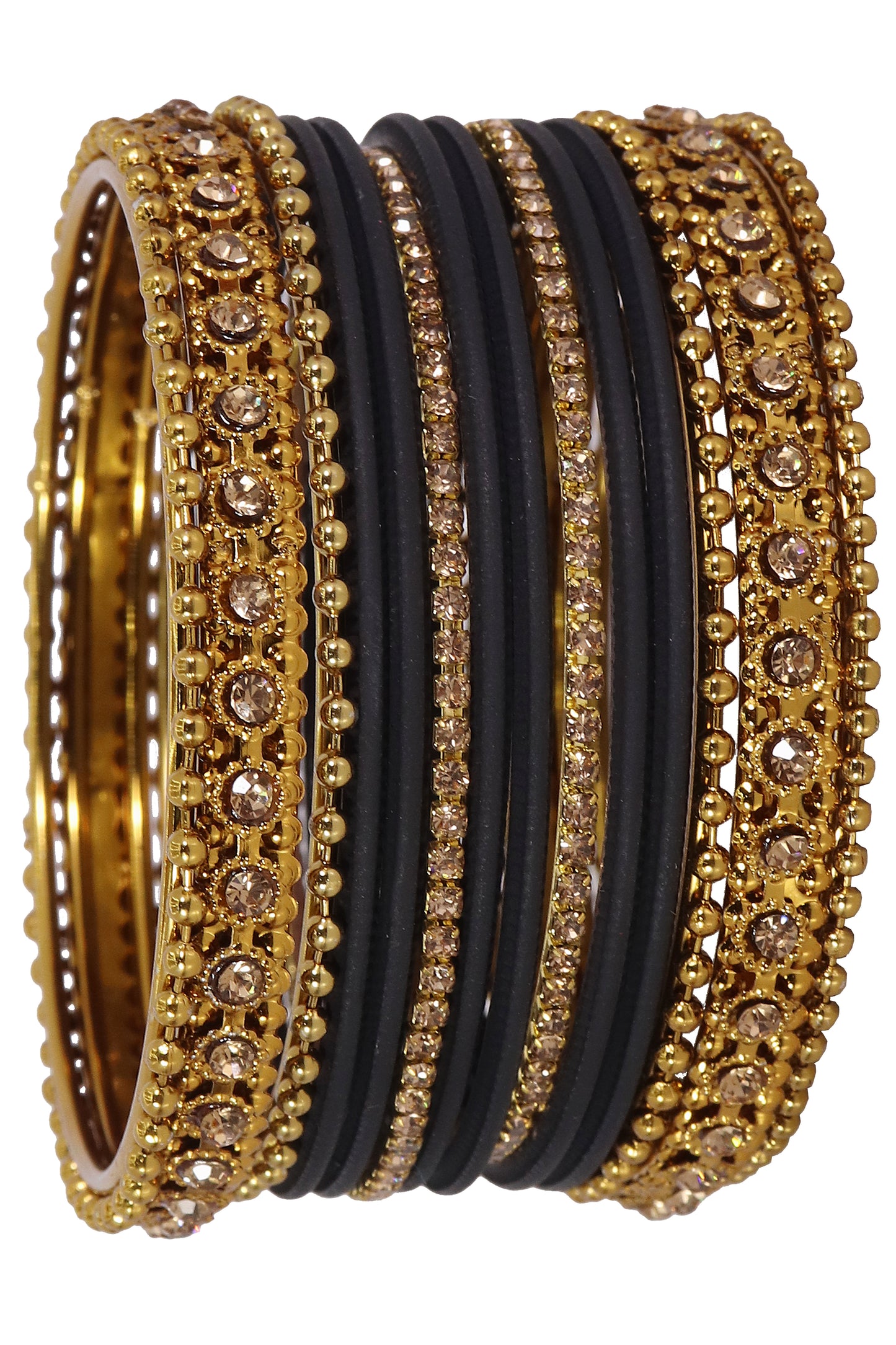 Black & Gold Bangle Set of 2 – Matte Finish with Stone-Studded Kada