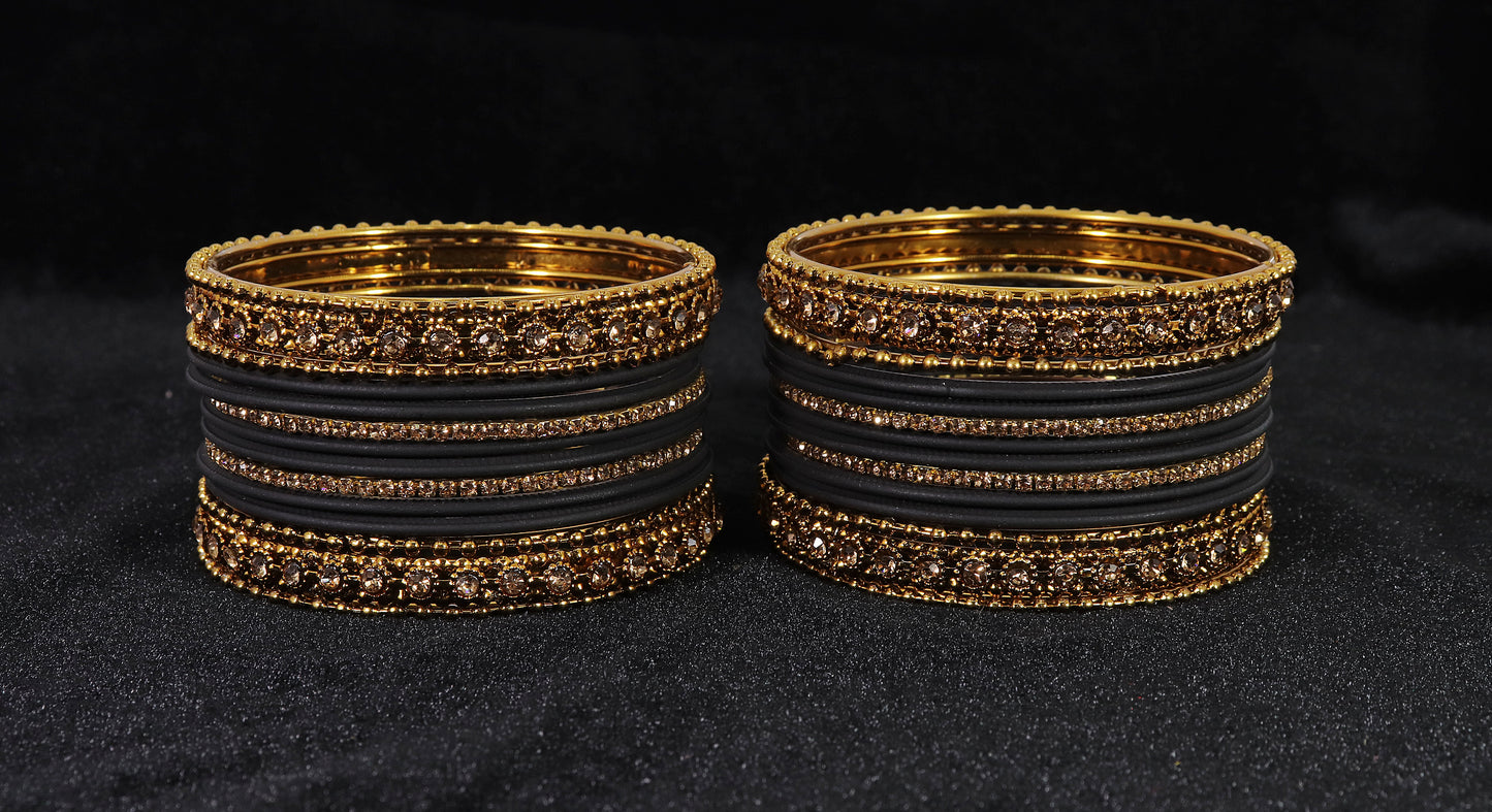 Black & Gold Bangle Set of 2 – Matte Finish with Stone-Studded Kada