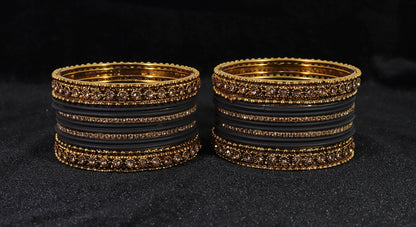Black & Gold Bangle Set of 2 – Matte Finish with Stone-Studded Kada