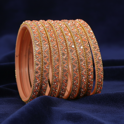 Peach Nalki & Nehar Pattern Glass Gemstone Bangle Set - Pack of 8