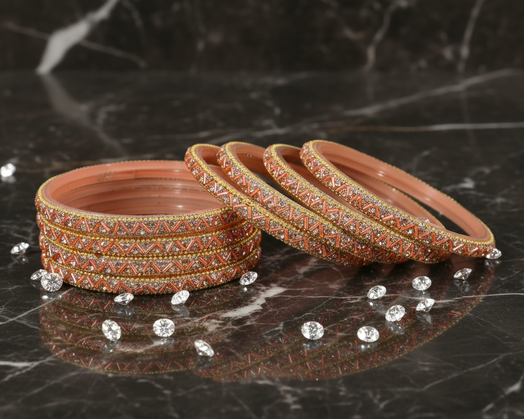 Peach Nalki & Nehar Pattern Glass Gemstone Bangle Set - Pack of 8