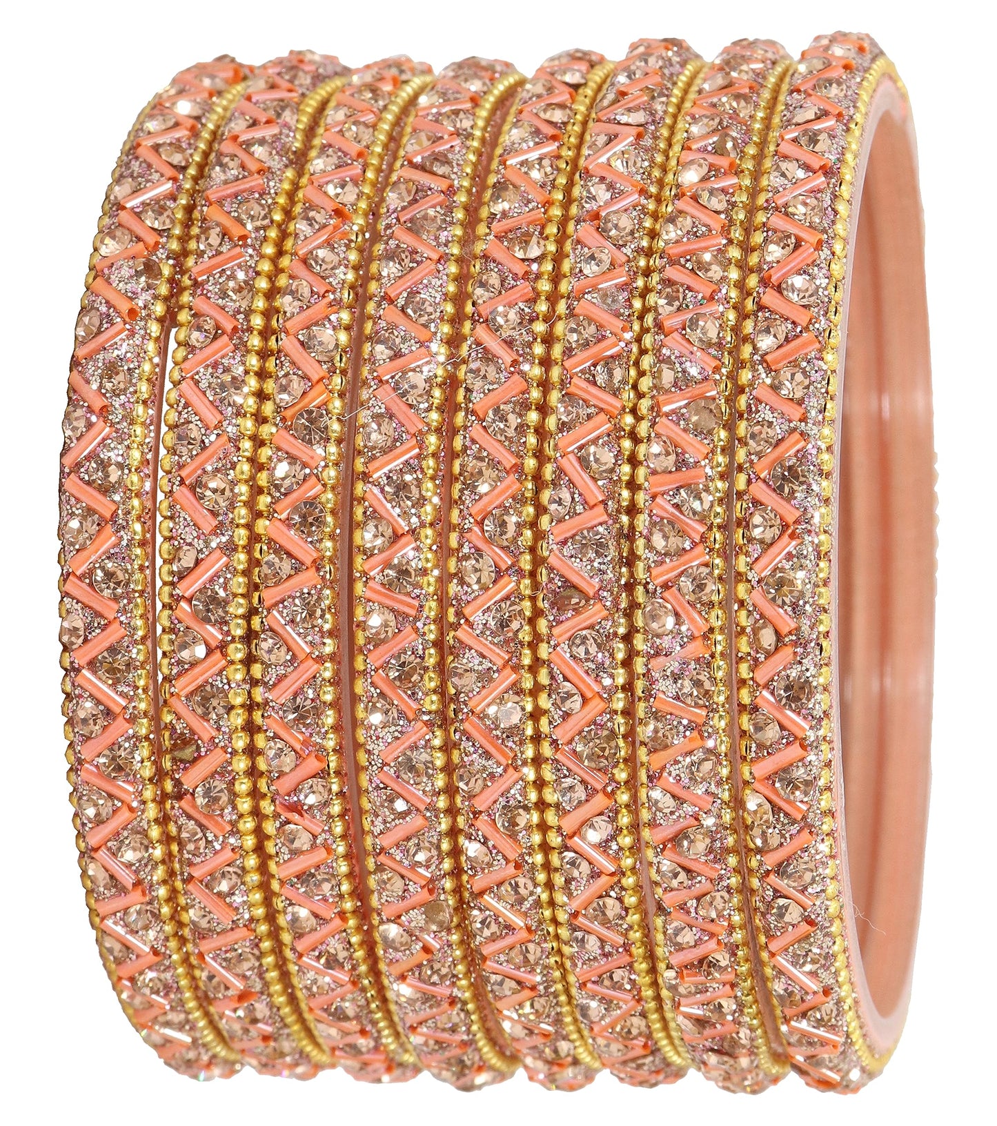 Peach Nalki & Nehar Pattern Glass Gemstone Bangle Set - Pack of 8