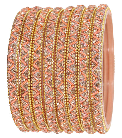 Peach Nalki & Nehar Pattern Glass Gemstone Bangle Set - Pack of 8
