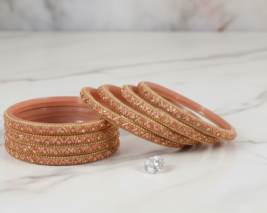 Peach Nalki & Nehar Pattern Glass Gemstone Bangle Set - Pack of 8
