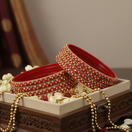Red Nalki Lehar Bangles with Beads & Gemstones – Pack of 8