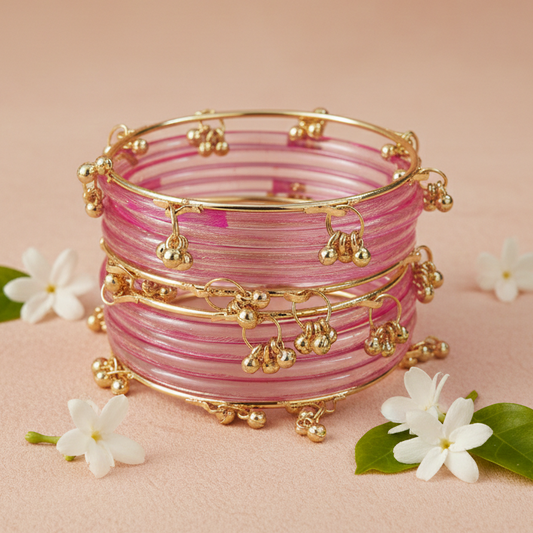 Trendy Watermelon Ghungroo Bangles Set  Gold-Toned Alloy with Elegant Latkan Design | Festive & Wedding Wear (Set of 12)