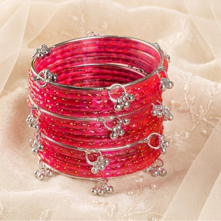 Trending Glass Bangle With Silver Ghunghroo Set For Women & Girls - Set Of 16