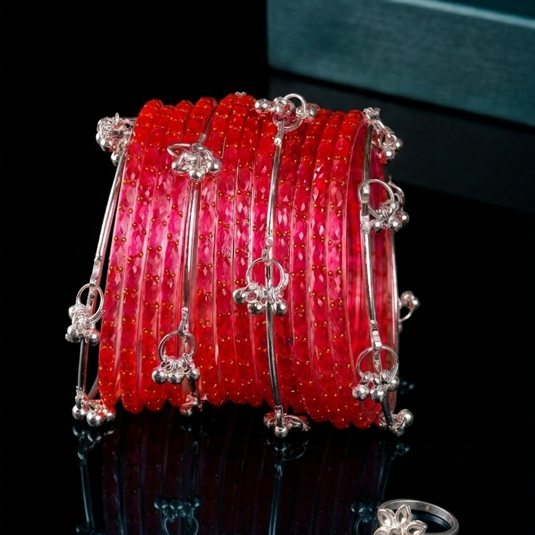 Trending Glass Bangle With Silver Ghunghroo Set For Women & Girls - Set Of 16