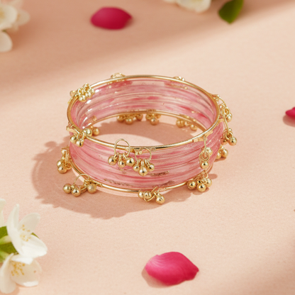 Trendy Watermelon Ghungroo Bangles Set  Gold-Toned Alloy with Elegant Latkan Design | Festive & Wedding Wear (Set of 12)