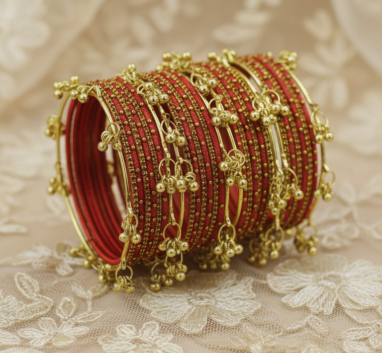 Traditional Gajri Silk Thread Kashmiri Goti Metal Kangan for-Set of 32
