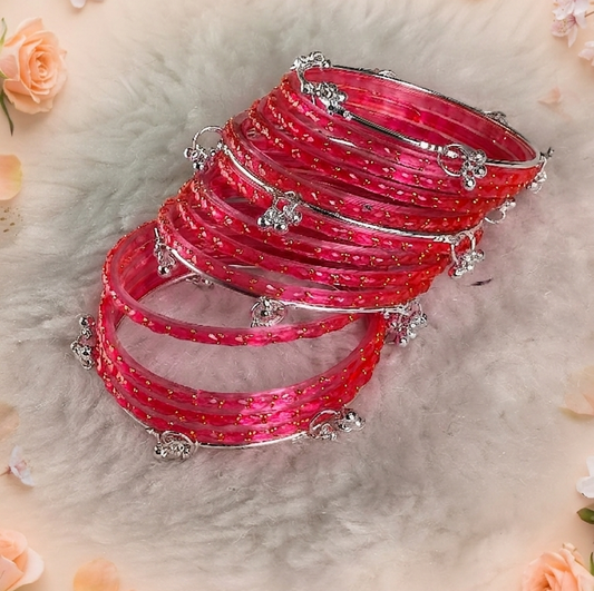 Trending Glass Bangle With Silver Ghunghroo Set For Women & Girls - Set Of 16