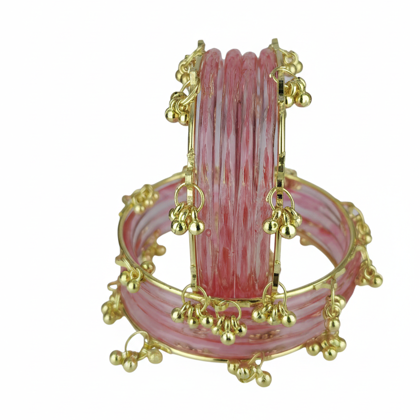 Trendy Watermelon Ghungroo Bangles Set  Gold-Toned Alloy with Elegant Latkan Design | Festive & Wedding Wear (Set of 12)
