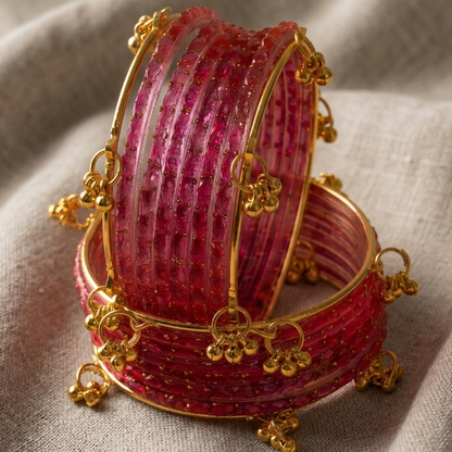 Trendy Glass Bangles With Gold Ghunghroo Set - Set Of 16