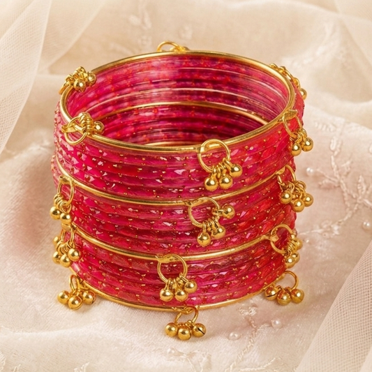 Trendy Glass Bangles With Gold Ghunghroo Set - Set Of 16