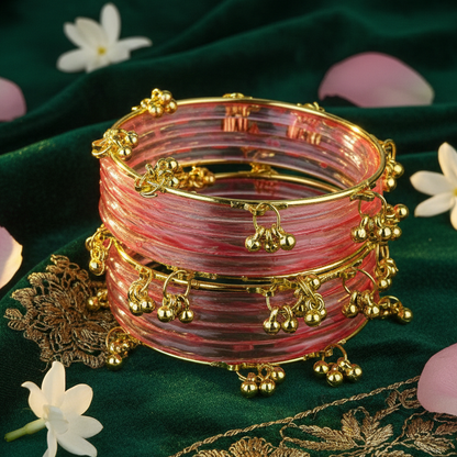 Trendy Watermelon Ghungroo Bangles Set  Gold-Toned Alloy with Elegant Latkan Design | Festive & Wedding Wear (Set of 12)