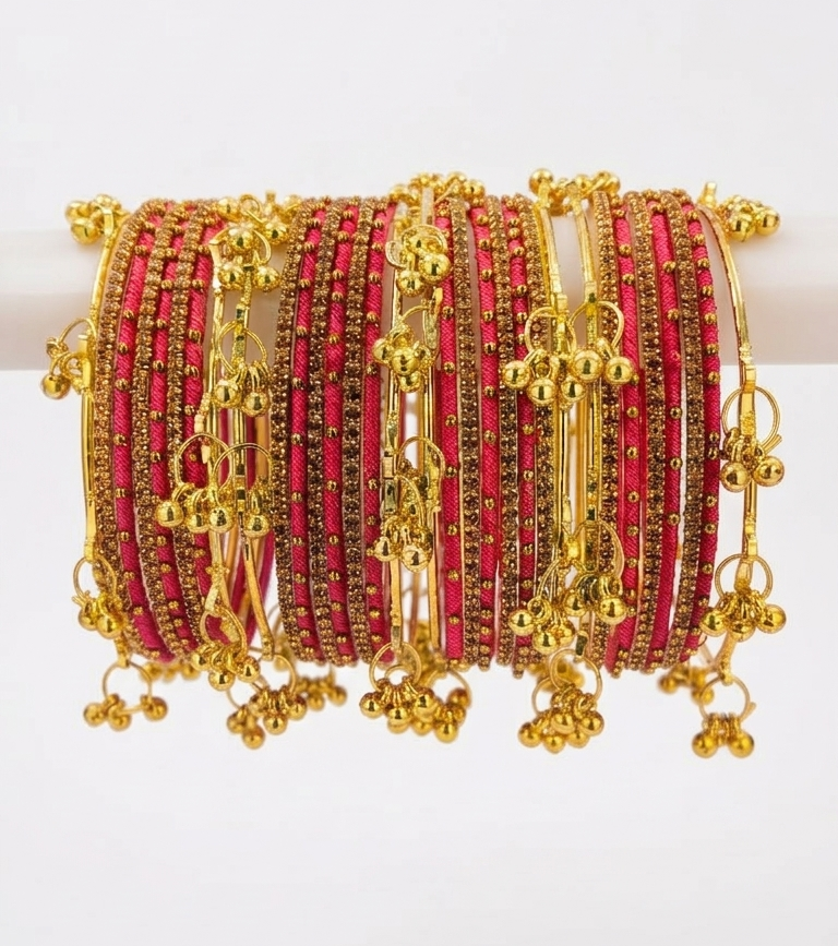 Traditional Gajri Silk Thread Kashmiri Goti Metal Kangan for-Set of 32