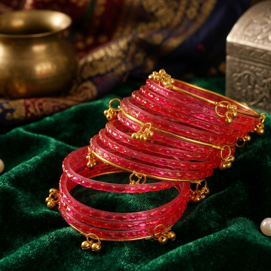 Trendy Glass Bangles With Gold Ghunghroo Set - Set Of 16