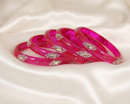 Magenta  Glass with Zircon Gemstone Studded Kada Bangles Set For Girls and Women| (Pack of 8)
