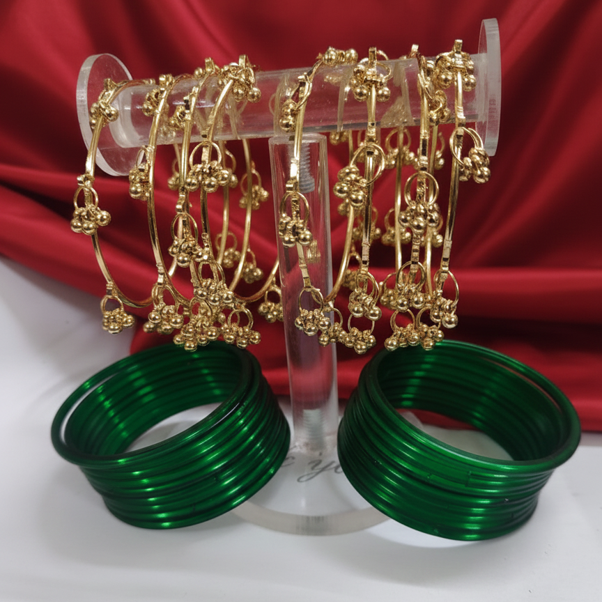 Royal Emerald Green Glass Bangles with Metal Ghungroo – Set of 24