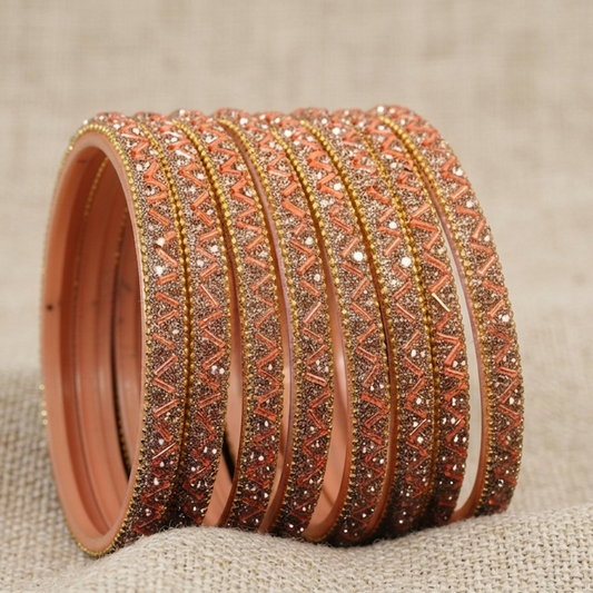 Peach Nalki & Nehar Pattern Glass Gemstone Bangle Set - Pack of 8