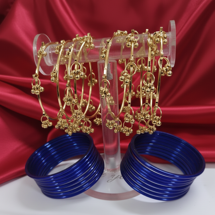 Traditional Blue Glass Bangles with Golden Ghungroo Detailing – Pack of 24