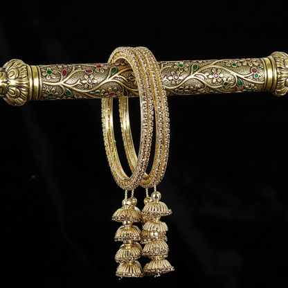 Golden Metal Latkan Bangles – Elegant Jhumka Design Bridal Bangle Set of 4