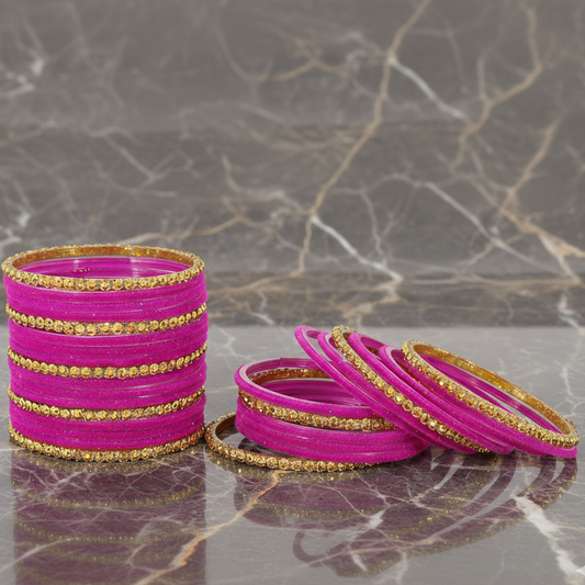 Premium Glass & Golden Beads Velvet Bangles Set – Pack of 34 (Magenta Color)