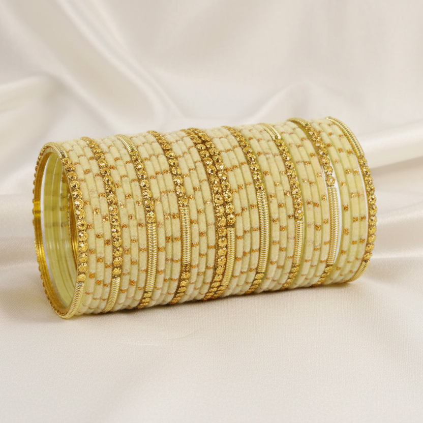 Fancy cream Velvet Glass Bangles with Golden Beads & Polka Dots (Set of 34)