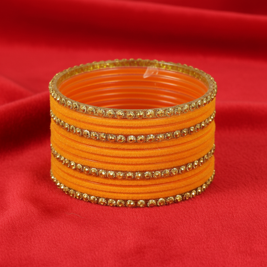Premium Glass & Golden Beads Velvet Bangles Set – Pack of 34 (Orange Color)
