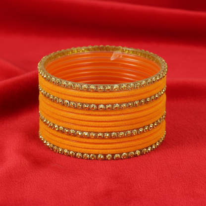 Premium Glass & Golden Beads Velvet Bangles Set – Pack of 34 (Orange Color)