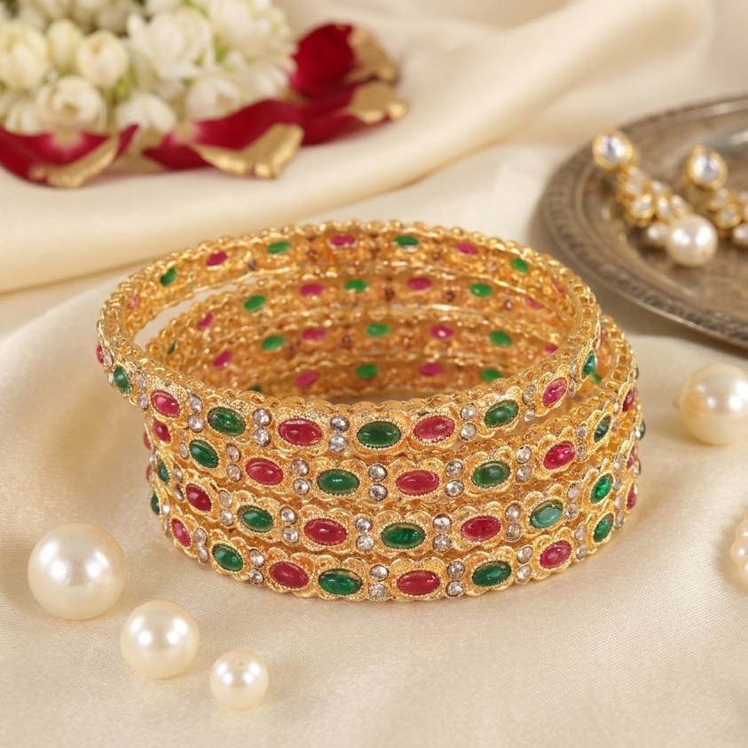Gold Plated Red & Green Stone Bangles – Set of 2