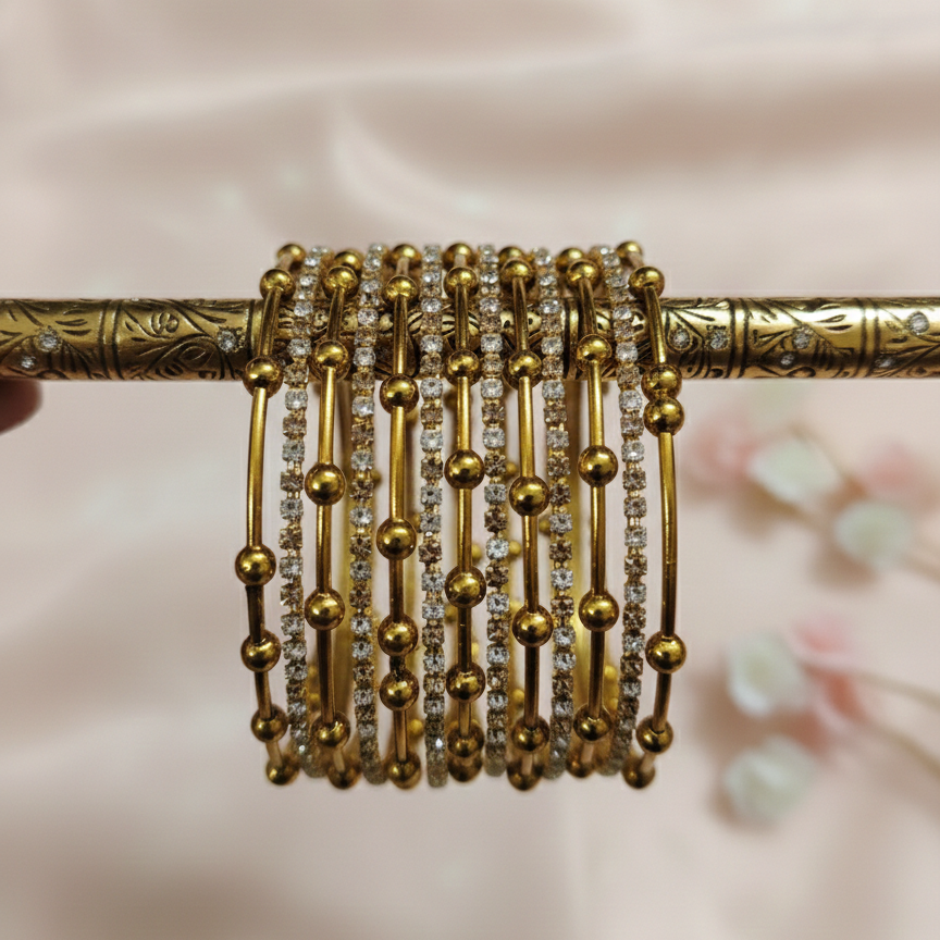 Gold Beaded Zircon Studded Stackable Metal Bangles Set-Pack of 26
