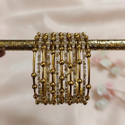 Gold Beaded Zircon Studded Stackable Metal Bangles Set-Pack of 26