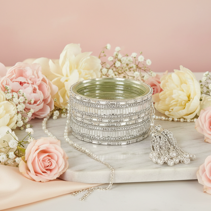 silver Glass Latkan Bangles Set For Wedding, - Set of 6