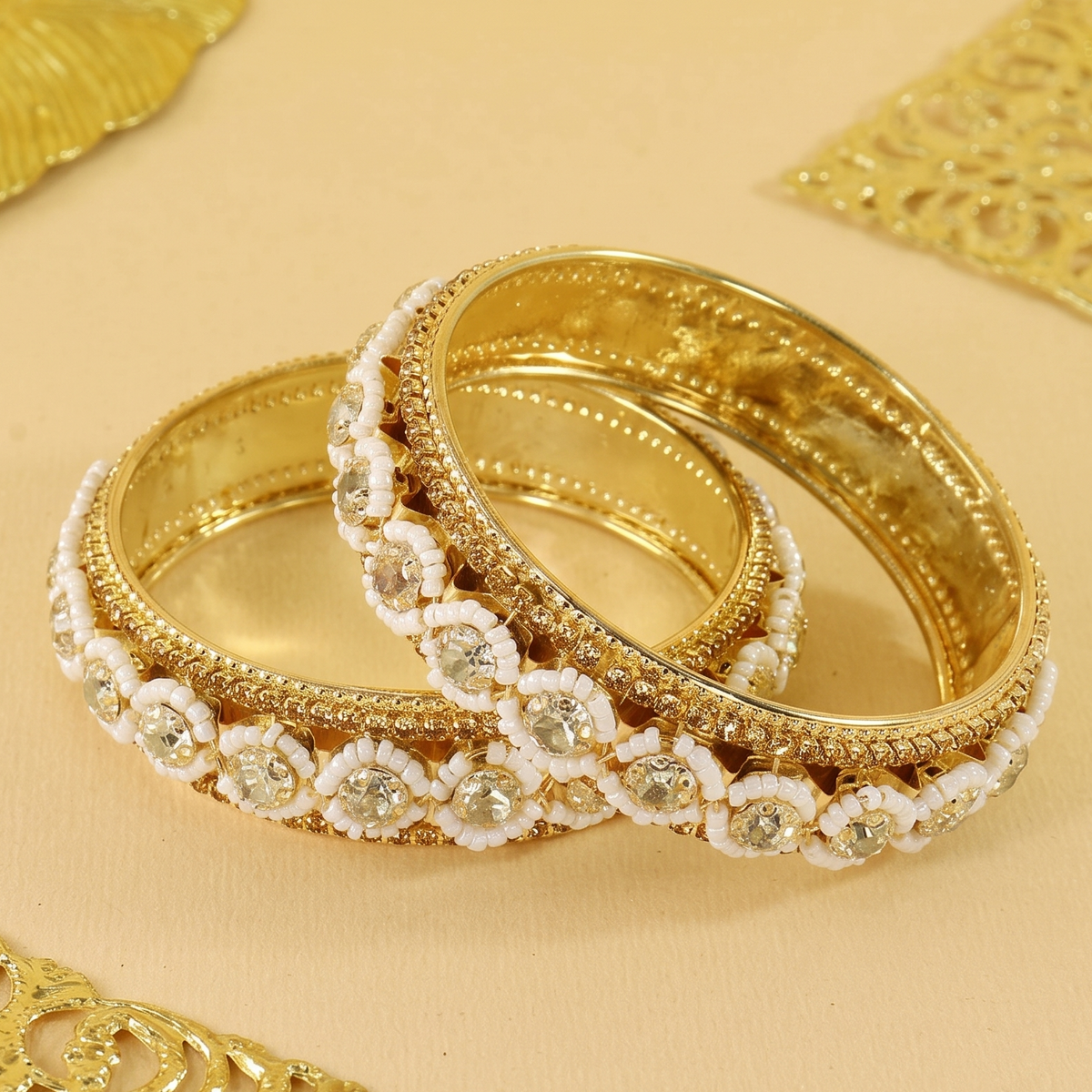 Golden Brilliance: Embellished Bridal Bangles - Set of 2