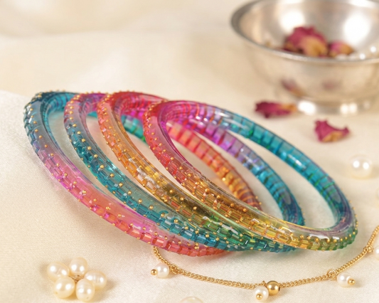 Rainbow Multicolor Acrylic Bangle Set of 2 – Glossy with Golden Detailing