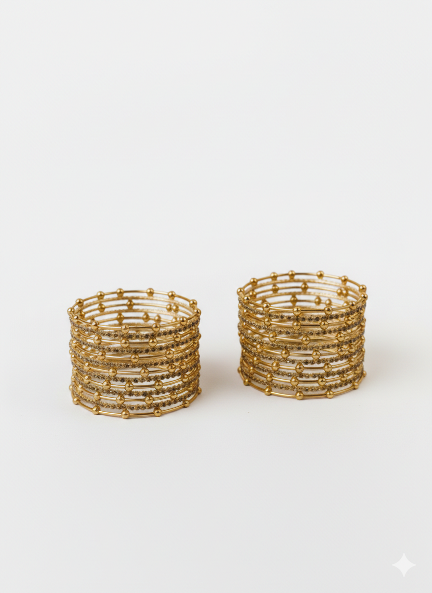 Gold Beaded Zircon Studded Stackable Metal Bangles Set-Pack of 26