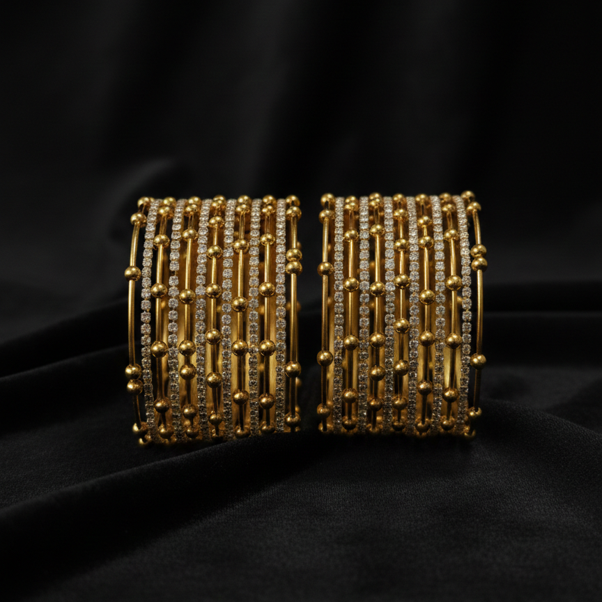 Gold Beaded Zircon Studded Stackable Metal Bangles Set-Pack of 26