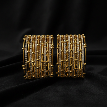 Gold Beaded Zircon Studded Stackable Metal Bangles Set-Pack of 26