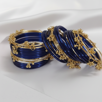 Traditional Blue Glass Bangles with Golden Ghungroo Detailing – Pack of 24