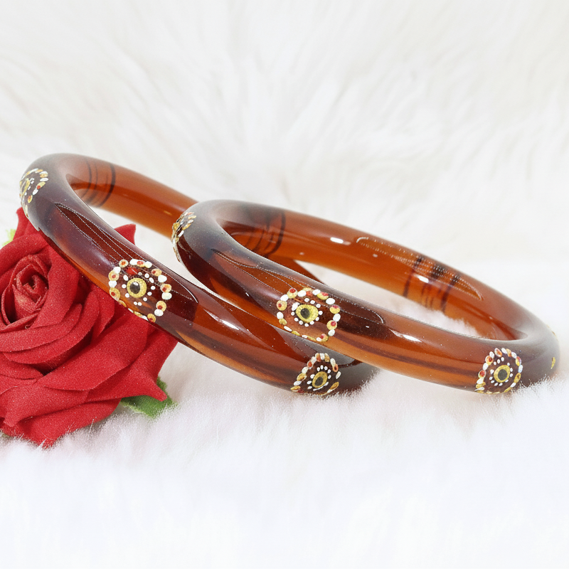 Belgium Kada Glass Bangles | Brown Color with Floral Design | Traditional Stylish Pack of 2