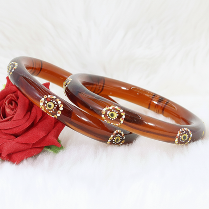 Belgium Kada Glass Bangles | Brown Color with Floral Design | Traditional Stylish Pack of 2