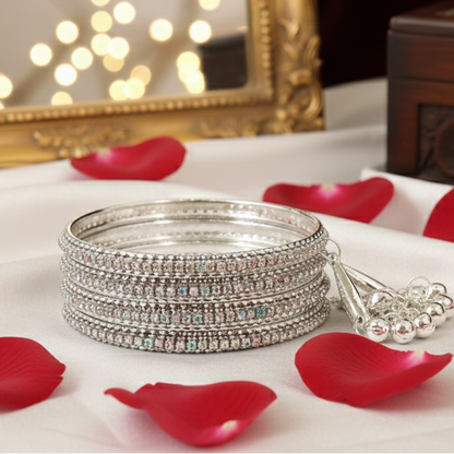 Alloy Metal With Zircon Gemstone and Bells Latkan Linked Traditional Bangles Set For Girls and Women