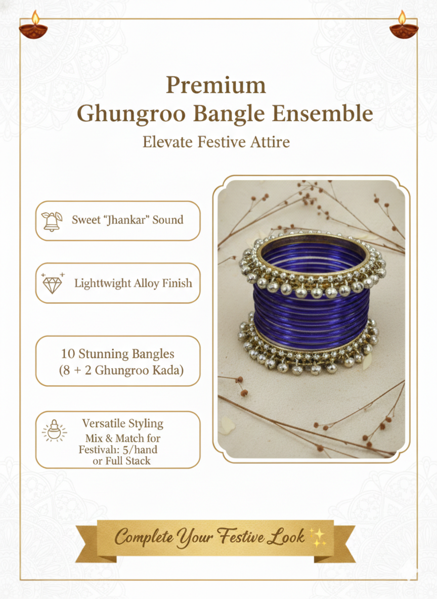 Purple Glass Bangles Set| 8 Glass Bangles + 2 Ghungroo ( One Hand ) -Pack of 10
