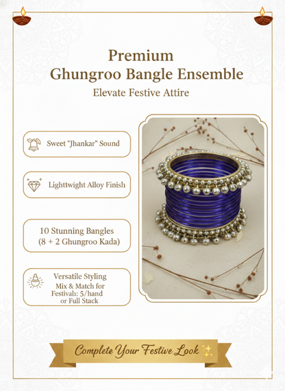 Purple Glass Bangles Set| 8 Glass Bangles + 2 Ghungroo ( One Hand ) -Pack of 10